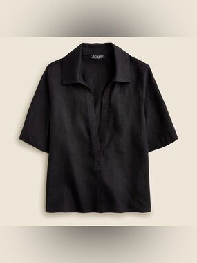 J Crew Bungalow Popover 100% Linen Top Black Short Sleeve Womens XL New BY694